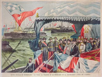 Marineparade in Dünkirchen: Zar Nikolaus II. mit seiner Frau, Zarin Alexandra, mit Präsident Loubet an Bord des Torpedokanonenboots 